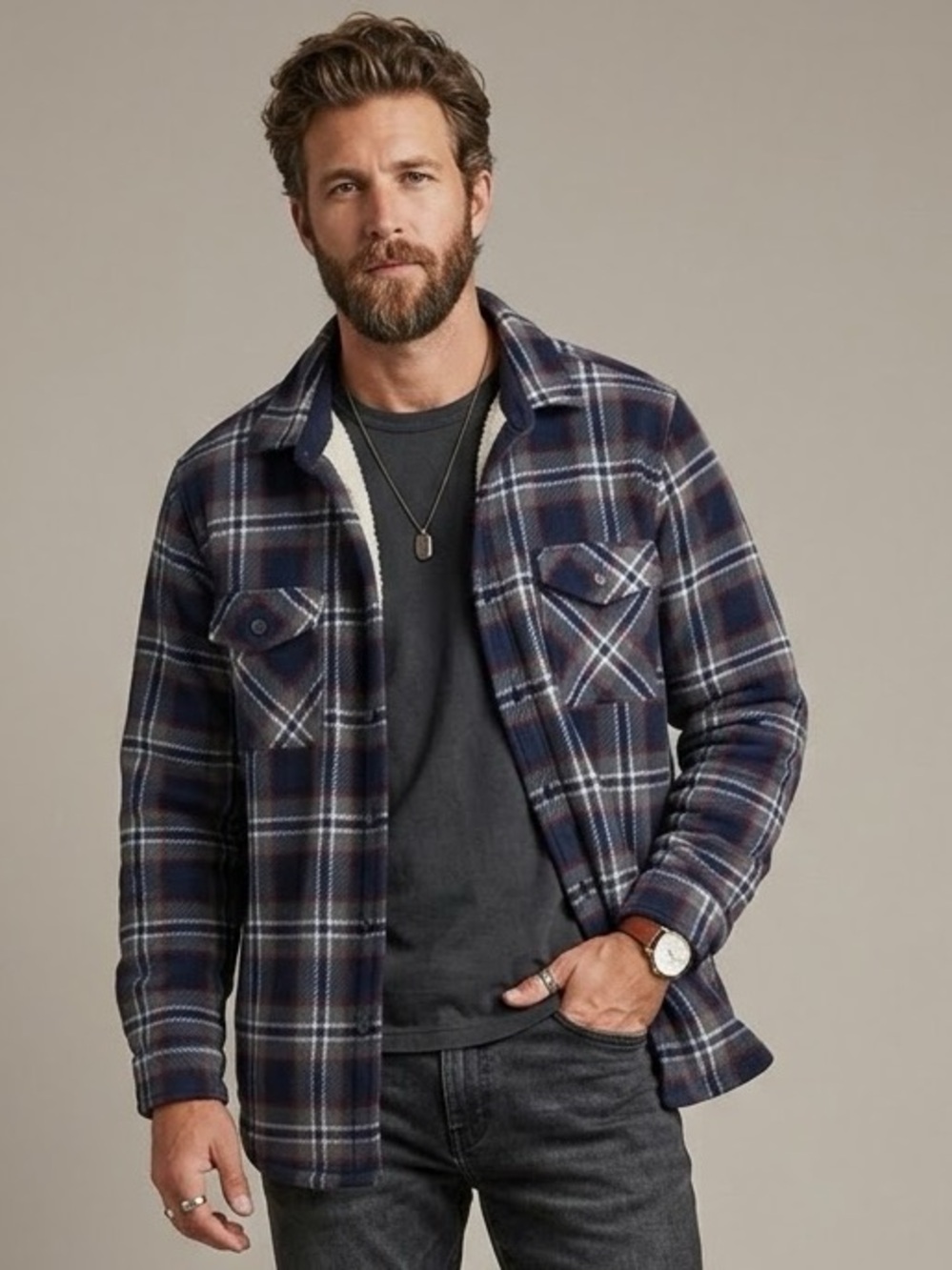 Freedom Foundry Mens XL Sherpa Lined Fleece Plaid Shacket Jacket Blue Grey Heavy